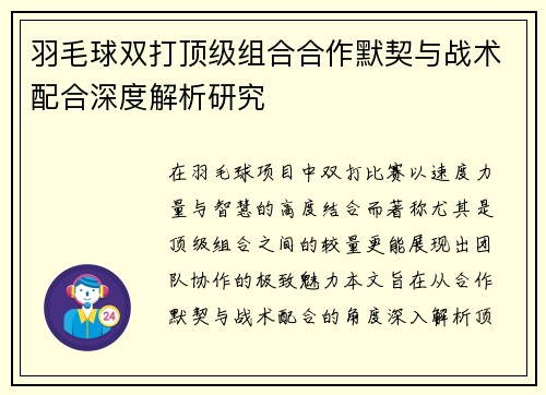 羽毛球双打顶级组合合作默契与战术配合深度解析研究