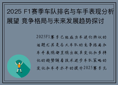 2025 F1赛季车队排名与车手表现分析展望 竞争格局与未来发展趋势探讨