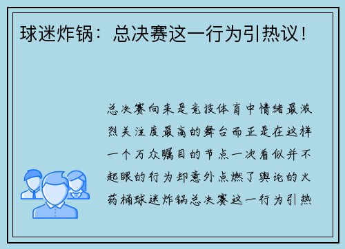 球迷炸锅：总决赛这一行为引热议！
